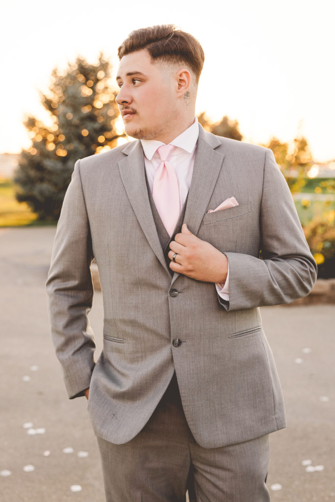 groom suit jacket outfit, wedding photography, grey and pink groom outfit