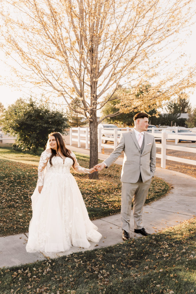 Elegant wedding photography, couple looking away from eachother, timeless photography