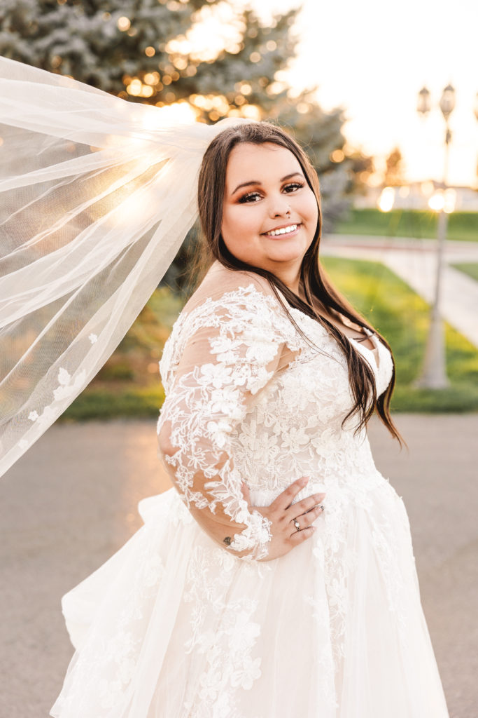 Elegant wedding photography, bride portrait, beautiful longsleeve wedding dress