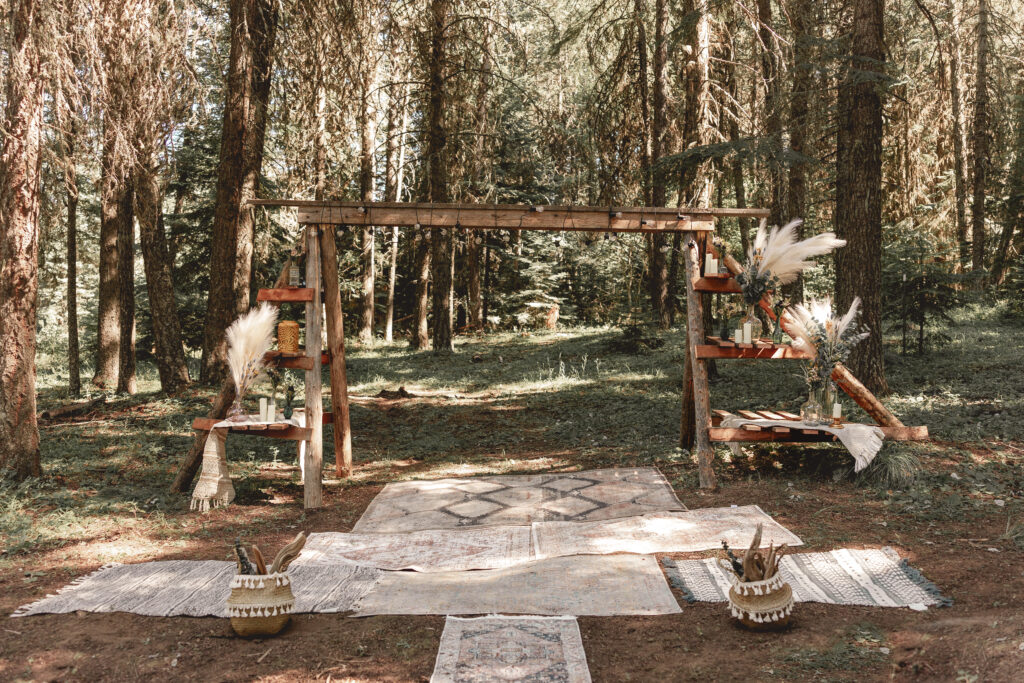 outdoor forest wedding arch setup